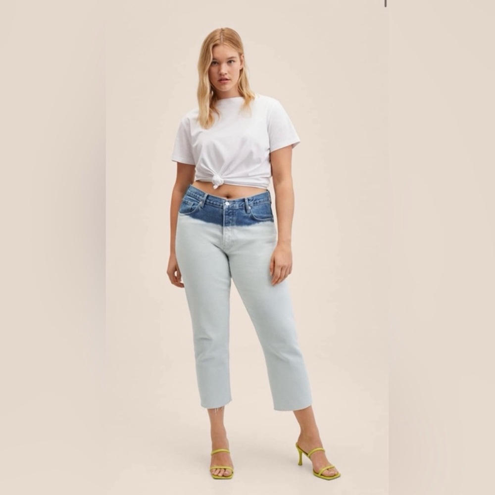 Mango MNG Denim Jeans Tie Dye Dipped Cropped Ankle Raw Hem Button Fly Brand New